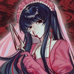  black_eyes black_hair blood blood_on_chest blood_on_clothes blood_on_face blood_on_weapon chinese_commentary closed_mouth commentary_request earrings female giygas gloves highres jewelry li_yuting_(female) long_hair mole mole_under_each_eye mole_under_eye mother_(series) mother_2 multiple_moles muying23199 necklace pearl_necklace pink_gloves pink_shirt red_background shirt sidelocks solo touqi_guaitan upper_body variant_set veil weapon 