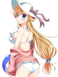  araragi_ayune ass ball beachball bikini blonde_hair blue_eyes blue_scrunchie breasts commentary_request cowboy_shot female frilled_bikini frills from_behind hair_ornament hair_scrunchie hat hood hooded_jacket isshiki-san_wa_koi_wo_shiritai. jacket large_breasts long_hair looking_to_the_side off_shoulder original pink_jacket rinna_milford scrunchie sideboob simple_background solo standing sun_hat swimsuit white_background white_bikini white_hat 