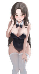  black_bow black_bowtie black_hair black_leotard blush bow bowtie breasts cleavage earrings female grin hand_on_own_thigh highres jewelry large_breasts leotard long_hair looking_at_viewer original rianya07 simple_background smile solo thighhighs white_background white_thighhighs 