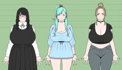  3girls aqua_hair arms_at_sides bad_id bad_twitter_id belt belt_buckle black-framed_eyewear black_choker black_dress black_hair black_nails black_ribbon black_shirt blonde_hair blue_shirt bow bracelet breasts buckle choker cleavage collared_shirt commentary_request cowboy_shot crop_top cropped_shirt dress dress_shirt fake_nails glasses green_background green_eyes hair_bun hair_over_breasts hairbow heart heart_choker height_chart height_mark highres huge_breasts jewelry kuzukago_(bitchmaker) light_brown_hair lineup lisa_(kuzukago) long_hair long_sleeves looking_at_viewer midriff multiple_girls navel neck_ribbon olivia_(kuzukago) orange_eyes original outstretched_hand parted_bangs pinafore_dress pink_shorts pleated_dress ponytail puffy_sleeves red_bow red_nails reference_sheet ribbon school_uniform shirt short_sleeves shorts siblings sidelocks single_hair_bun sisters sleeveless sleeveless_dress standing star_(symbol) star_choker straight-on swept_bangs v-shaped_eyebrows wavy_hair white_shirt 