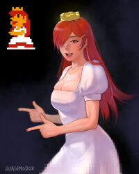  artist_name black_background breasts cleavage crown double_finger_gun dress female finger_gun hair_ornament hair_over_one_eye hairclip highres jewelry large_breasts mario_(series) meme necklace open_mouth princess_peach princess_toadstool_redraw_(meme) puffy_sleeves quasimodox red_hair red_nails simple_background smile solo super_mario_bros._1 white_dress 