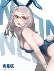  :o absurdres alternate_costume animal_ears bent_over blue_hairband blue_leotard breasts character_name cleavage copyright_name cowboy_shot fake_animal_ears fake_tail female from_side glasses goddess_of_victory:_nikke green_eyes grey_hair hairband highleg highleg_leotard highres houh888 large_breasts leotard long_hair looking_at_viewer neon_(nikke) open_mouth over-rim_eyewear playboy_bunny rabbit_ears rabbit_tail red-framed_eyewear semi-rimless_eyewear shiny_skin short_eyebrows solo standing strapless strapless_leotard tail teeth text_background tongue upper_teeth_only white_wrist_cuffs wrist_cuffs 