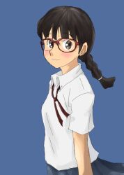  anmanguri black_hair blue_background blush braid brown_eyes female glasses long_hair looking_at_viewer original shirt short_sleeves simple_background skirt smile solo twin_braids white_shirt 