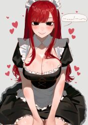  alternate_costume apron black_dress black_eyes blush breasts cleavage dress enmaided female grey_background heart highres large_breasts long_hair looking_at_viewer maid maid_headdress mole mole_on_cheek mole_under_eye ms._tsu no_pupils original parted_lips puffy_short_sleeves puffy_sleeves red_hair short_sleeves sitting smile solo spoken_morse_code waist_apron 