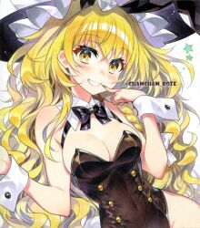  animal_ears black_leotard blonde_hair blush braid breasts chacham cleavage fake_animal_ears female highleg kirisame_marisa large_breasts leotard long_hair rabbit_ears side_braid solo strapless touhou wrist_cuffs yellow_eyes 