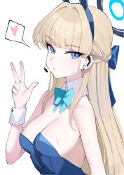  absurdres animal_ears aqua_bow aqua_bowtie blue_archive blue_halo blue_leotard bow bowtie commentary detached_collar djan earpiece fake_animal_ears female halo highres leotard playboy_bunny rabbit_ears solo toki_(blue_archive) toki_(bunny)_(blue_archive) white_wrist_cuffs wrist_cuffs 