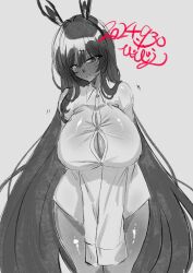  alternate_costume bibie307 breasts cleavage collared_shirt dark-skinned_female dark_skin dated female goddess_of_victory:_nikke greyscale highres large_breasts long_hair monochrome naked_shirt noir_(nikke) shirt simple_background solo white_background white_shirt 