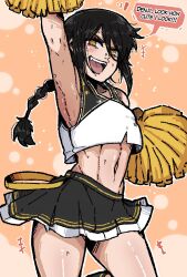  arm_up black_hair black_skirt chainsaw_man cheerleader crop_top english_text female highres long_braid mark_gavatino multicolored_clothes navel nayuta_(chainsaw_man) open_mouth pom_pom_(cheerleading) ringed_eyes shirt skirt solo speech_bubble sweat white_shirt white_skirt yellow_eyes 