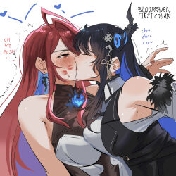  2girls asymmetrical_docking asymmetrical_horns black_hair blue_hair breast_press breasts closed_eyes colored_inner_hair demon_horns highres hololive hololive_english horns kissing large_breasts long_hair mole mole_under_eye multicolored_hair multiple_girls nerissa_ravencroft red_eyes set7 two-tone_hair virtual_youtuber yuri 