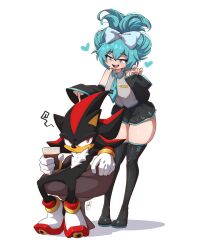  1boy alternate_hairstyle animal_ears annoyed aqua_eyes aqua_hair black_fur cinnamiku cup female furry furry_male gloves hashtag-only_commentary hatsune_miku hedgehog highres holding holding_cup ryou_sakai shadow_the_hedgehog simple_background skindentation sonic_(series) thick_thighs thighs vocaloid zettai_ryouiki 