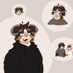  2024 2_horns :3 anthro belly belly_poke black_body black_clothing black_fur black_hoodie black_nose black_topwear bodily_fluids bovid brown_body brown_fur canid canine canis caprine cel_shading cheek_tuft clenched_teeth closed_smile clothed clothing curved_horn dialogue digital_media_(artwork) domestic_dog duo english_text eyebrows eyewear facial_tuft floppy_ears fur glasses grey_background grey_clothing grey_shirt grey_topwear hi_res hoodie horn hybrid male mammal mouth_closed multicolored_body multicolored_fur multiple_images narrowed_eyes open_mouth open_smile rectangular_glasses shaded sheep shirt simple_background slightly_chubby smile snaggle_tooth snout sweat sweatdrop tan_body tan_fur teeth text topwear tuft wearing_glasses white_clothing white_shirt white_topwear winterfrost_(artist) winterfrost_(winterfrost) yummers 