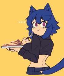  absurdres animal_ears blue_hair cat_ears cat_girl cat_tail cropped_jacket doce eating food fork highres holding holding_fork jacket looking_at_viewer midriff open_clothes open_jacket original pie purple_eyes tail xiao_(doce) 