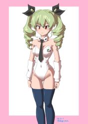  absurdres adapted_costume alternate_costume anchovy_(girls_und_panzer) black_necktie black_ribbon black_thighhighs border breasts brown_eyes closed_mouth collar covered_navel dated detached_collar detached_sleeves drill_hair drops_mint emblem female girls_und_panzer green_hair hair_ribbon highres leotard long_hair looking_at_viewer medium_breasts necktie pink_border playboy_bunny ribbon smile solo standing strapless strapless_leotard thigh_gap thighhighs twin_drills twintails twitter_username white_collar white_leotard white_sleeves wing_collar 