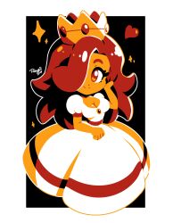  absurdres black_background border breasts cleavage dress female full_body hair_over_one_eye hand_up heart highres long_hair looking_at_viewer mario_(series) medium_breasts meme outline princess_peach princess_toadstool_redraw_(meme) puffy_short_sleeves puffy_sleeves red_eyes red_hair rotze short_sleeves smile solo sparkle super_mario_bros._1 white_border white_dress white_outline 