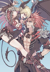  1boy bare_shoulders black_gloves black_pants black_tail black_vest black_wings blonde_hair blue_background breasts cleavage demon_girl demon_horns demon_tail demon_wings dress duel_monster female fiendsmith_engraver gloves gradient_background horns izapara lacrima_the_scarlet_sorrow large_breasts long_hair multicolored_hair muscular muscular_male no_shirt pants pink_hair red_dress red_hair red_nails short_hair simple_background spiked_hair tail two-tone_hair two_side_up vest wings yu-gi-oh! 