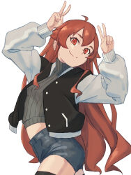  breasts crop_top eris_greyrat female high-waist_shorts highres jacket kurogoma183 long_hair looking_at_viewer mushoku_tensei red_eyes red_hair short_shorts shorts small_breasts smile solo standing thighhighs v very_long_hair 