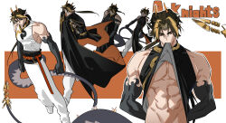  1boy abs absurdres arknights arms_behind_back black_coat black_shirt blonde_hair brown_hair chong_yue_(arknights) clothes_lift coat dragon_boy dragon_horns dragon_tail highres horns lifting_own_clothes long_hair looking_at_viewer low_ponytail male_focus mouth_hold multiple_views orange_background pointy_ears red_eyes shirt shirt_lift sleeveless sleeveless_shirt tail toned toned_male wanzaiqueen_311 