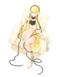  barefoot blonde_hair blue_eyes couch elesa_(pokemon) female full_body fumitsuki_(tick_tack_works) legs no_legwear on_couch parted_lips pokemon pokemon_bw simple_background sitting solo white_background 