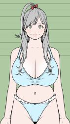  arms_at_sides bare_shoulders blue_bra blue_panties bow bow_panties bra breasts cleavage commentary_request cowboy_shot earrings female frilled_panties frills green_background grey_hair hair_over_breasts hairbow height_mark high_ponytail highres huge_breasts jewelry kuzukago_(bitchmaker) long_hair looking_at_viewer navel original panties solo standing star_(symbol) star_earrings straight-on underwear underwear_only yellow_eyes 