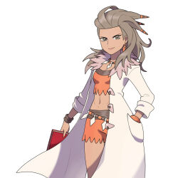  asatsuki_(fgfff) book brown_eyes brown_hair closed_mouth coat commentary_request cropped_shirt earrings female hair_ornament hand_in_pocket holding holding_book jewelry long_hair looking_at_viewer necklace open_clothes open_coat orange_shirt orange_shorts pokemon pokemon_sv sada_(pokemon) shirt shorts simple_background smile solo white_background white_coat 