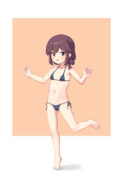  bikini black_bikini blush breasts brown_hair female highres kuramoto_takato looking_at_viewer machikado_mazoku navel open_mouth orange_background purple_eyes short_hair side-tie_bikini_bottom simple_background small_breasts smile solo standing standing_on_one_leg swimsuit yoshida_ryouko 