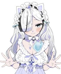  animal_ears bell black_hair blue_eyes blush breasts cat_ears cleavage closed_mouth female first_stage_production gwvyhfodjflq0ie hair_over_one_eye highres jingle_bell large_breasts looking_at_viewer maid_headdress multicolored_hair simple_background smile solo streaked_hair virtual_youtuber white_background white_hair yuyu_yura 