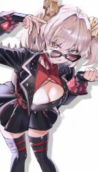  black_gloves black_jacket black_skirt black_thighhighs blonde_hair breasts burnice_white cleavage eyewear_on_head female gloves highres jacket looking_at_viewer natumusumeab open_mouth red_eyes short_hair skirt smile solo sunglasses thighhighs tinted_eyewear twintails zenless_zone_zero 