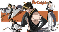  1boy absurdres arknights black_shirt blonde_hair brown_hair chong_yue_(arknights) clothes_lift dragon_boy dragon_horns dragon_tail hand_on_own_hip highres horns lifting_own_clothes long_hair low_ponytail male_focus multicolored_hair multiple_views orange_background pointy_ears red_eyes shirt shirt_lift sleeveless sleeveless_shirt streaked_hair stretching sweat tail toned toned_male wanzaiqueen_311 wiping_face wiping_sweat 