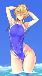  armpits arms_behind_head arms_up artoria_pendragon_(fate) artoria_pendragon_(lancer)_(fate) ass_visible_through_thighs blonde_hair blue_one-piece_swimsuit blue_sky braid breasts competition_swimsuit contrapposto covered_navel crown_braid fate/grand_order fate_(series) female green_eyes hair_between_eyes highres large_breasts looking_at_viewer one-piece_swimsuit one_eye_closed parted_lips sidelocks skin_tight sky solo standing suhamaya swimsuit wading water wet wide_hips 