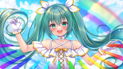  :d aqua_hair blue_sky blush choker cloud collarbone dot_nose eyelashes female frilled_choker frills gloves green_eyes hair_between_eyes hatsune_miku highres long_hair looking_at_viewer nekko_(nxtuko) open_mouth orange_ribbon rainbow ribbon sky smile solo teeth tongue twintails upper_teeth_only very_long_hair vocaloid white_choker white_gloves 