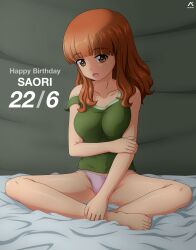  absurdres acrux artist_logo barefoot bed_sheet birthday blunt_bangs bow bow_panties character_name commentary dated female girls_und_panzer green_tank_top hand_on_own_arm happy_birthday highres indoors long_hair looking_at_viewer on_bed open_mouth orange_eyes orange_hair panties pink_panties sitting smile solo strap_slip takebe_saori tank_top underwear underwear_only 