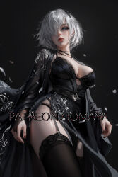  2b_(nier:automata) alternate_costume black_background black_bridal_gauntlets black_dress black_hairband black_kimono black_nails black_theme black_thighhighs blue_eyes bra bra_peek breasts bridal_gauntlets check_clothing cleavage clothing_request commentary cowboy_shot dress english_commentary female hair_over_one_eye hairband highres japanese_clothes kimono lace lace-trimmed_thighhighs lace_bra lace_trim large_breasts looking_at_viewer meme mole mole_on_thigh mole_under_mouth nier:automata nier_(series) nixeu no_blindfold open_clothes open_kimono paid_reward_available parted_lips patreon_username short_hair side_slit single_bridal_gauntlet solo thighhighs thighs twitter_strip_game_(meme) underwear white_eyes white_hair 