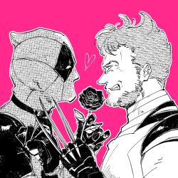  2boys animification azuko_(@zuco) beard bodysuit claw_(weapon) clenched_hand clenched_teeth deadpool deadpool_&amp;_wolverine deadpool_(series) facial_hair flower gloves hashtag-only_commentary heart highres holding holding_flower male_focus marvel marvel_cinematic_universe mask monochrome multiple_boys muscular muscular_male pink_background rose short_hair superhero_costume teeth weapon wolverine_(x-men) x-men yaoi 