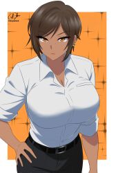  aryuta10 belt black_pants border breasts brown_hair cleavage collared_shirt dark-skinned_female dark_skin female highres limbus_company orange_eyes outis_(project_moon) pants project_moon shirt short_hair sleeves_rolled_up solo white_border white_shirt 