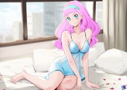  aqua_hairband arm_support artist_name babydoll bakusai barefoot bed bed_sheet blue_babydoll blue_eyes breasts closed_mouth commission curtains female hairband indoors laura_la_mer leaning_to_the_side lingerie long_hair looking_at_viewer medium_breasts on_bed petals pillow pink_hair precure see-through_clothes signature sitting skeb_commission smile solo tropical-rouge!_precure underwear window yokozuwari 