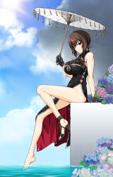  barefoot black_footwear black_gloves blue_sky breasts brown_eyes brown_hair china_dress chinese_clothes closed_mouth cloud cloudy_sky commentary_request day dress female flower from_side girls_und_panzer gloves half-closed_eyes high_heels highres holding holding_umbrella knee_up large_breasts long_dress looking_at_viewer nishizumi_maho oil-paper_umbrella oosaka_kanagawa outdoors partial_commentary shoes short_hair side_slit single_shoe sitting sky sleeveless sleeveless_dress smile solo umbrella 