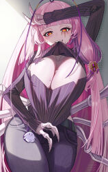  antenna_hair arm_up arthropod_girl breasts cleavage cleavage_cutout clothing_cutout cockroach_girl female grey_pants highres large_breasts long_hair looking_at_viewer matara_kan matara_kan_(casual) mole mole_on_breast monster_girl mouth_hold multicolored_hair pants pink_hair purple_sweater red_eyes shirt_hold solo streaked_hair sweater taki_tohko very_long_hair virtual_youtuber vshojo 