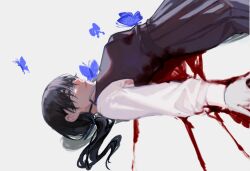  black_dress black_eyes black_hair blood blue_butterfly bug butterfly chainsaw_man dress female highres long_hair long_sleeves mitaka_asa pinafore_dress shirt sleeveless sleeveless_dress solo su_zhan white_shirt 