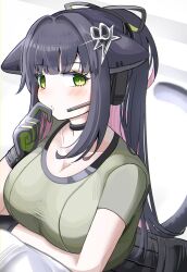  absurdres animal_ears arknights black_collar black_gloves black_hair black_tail blush breasts bright_pupils cleavage closed_mouth collar colored_inner_hair female glint gloves green_eyes green_gloves green_shirt hair_intakes hand_on_own_cheek hand_on_own_face headset highres jessica_(arknights) large_breasts long_hair looking_at_viewer multicolored_hair scoop_neck shirt short_sleeves solo spam_(spamham4506) sweatdrop t-shirt tail two-tone_hair white_pupils 