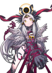  absurdres angel angel_wings animal_ears animal_hands bound bound_arms claws commentary_request extra_eyes extra_mouth fallen_angel feathered_wings female halo highres horns izayoi_cha long_hair looking_at_viewer monster_girl multiple_wings original red_ribbon ribbon seraph simple_background solo tail third_eye very_long_hair white_background white_hair wings yellow_eyes 