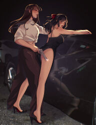  2girls artist_name black_car black_dress black_pants bow car commentary cropped_shirt dress english_commentary gun hairbow high_heels highres holding holding_gun holding_weapon ieiri_shoko iori_utahime jujutsu_kaisen leg_between_thighs long_hair looking_at_another meme motor_vehicle multiple_girls navel pants red_bow red_lips saterise shirt side_slit sleeves_rolled_up smile spaghetti_strap weapon white_shirt woman_holding_gun_to_another_woman&#039;s_thigh_(meme) yuri 