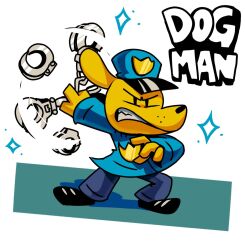  2024 4_fingers anthro biped black_nose blue_clothing canid canine canis clenched_teeth clothed clothing cuff_(restraint) dav_pilkey dog_man dogman domestic_dog fingers full-length_portrait fully_clothed fur handcuffs male mammal metal_cuffs police police_uniform portrait restraints simple_background simple_eyes solo standing tan_body tan_fur teeth text tommytornado uniform 