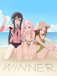  3girls :d absurdres animal_print asagumo_chihaya barefoot beach bikini black_hair blue_sky braid breasts brown_hair brown_hat cloud cow_print cow_print_bikini day feet_out_of_frame green_one-piece_swimsuit hand_on_own_hip hands_on_own_legs hat highres himemiya_karen hood hoodie hugging_own_legs laofuzi_dai_bansho large_breasts long_hair long_sleeves looking_at_viewer make_heroine_ga_oo_sugiru! multiple_girls one-piece_swimsuit outdoors pink_eyes pink_hair pink_hoodie print_bikini red-framed_eyewear sand side-tie_bikini_bottom sitting sky small_breasts smile sun_hat swimsuit tsukinoki_koto v very_long_hair water 