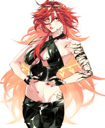  absurdres arm_tattoo bare_shoulders black_gloves black_pants breasts cleavage female fingerless_gloves genshin_impact gloves hair_between_eyes halterneck highres jobin_chan large_breasts leather leather_clothing long_hair looking_at_viewer mavuika_(genshin_impact) midriff nail_polish navel pants parted_lips red_eyes red_hair red_lips red_nails scar smile solo standing stomach_tattoo tattoo very_long_hair yellow_eyes 