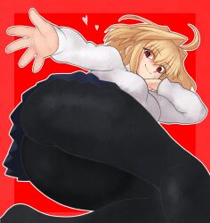  ahoge antenna_hair arcueid_brunestud ass blonde_hair blush breasts champchidi female hair_intakes highres long_sleeves looking_at_viewer pantyhose red_eyes short_hair skirt smile solo sweater tsukihime tsukihime_(remake) turtleneck white_sweater 