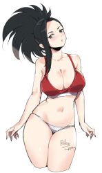  artist_name bare_shoulders black_hair boku_no_hero_academia bra breasts cleavage collarbone cropped_legs female green_eyes highres large_breasts medium_hair navel panties red_bra relaxjon solo stomach thighs underwear white_background white_panties yaoyorozu_momo 