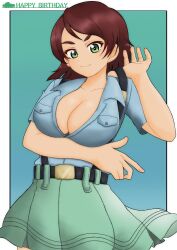  absurdres amanone_yun aoshidan_school_uniform belt birthday black_belt blue_shirt bob_cut breasts brown_hair cleavage closed_mouth collared_shirt cowboy_shot english_text female girls_und_panzer green_eyes green_skirt happy_birthday highres large_breasts looking_at_viewer outside_border pleated_skirt school_uniform shirt short_hair short_sleeves skirt smile solo standing suspenders suspenders_pull tristana_(girls_und_panzer) 