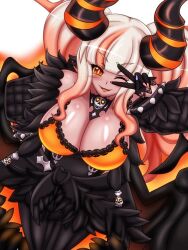  balrog_(monster_girl_encyclopedia) black_dress black_ears black_feathers black_gloves black_jacket black_thighhighs black_wings blunt_bangs breasts cleavage colored_sclera dark-skinned_female dark_skin demon_horns demon_wings dress fangs feathers female fingernails fire gloves horns jacket large_breasts looking_at_viewer monster_girl monster_girl_encyclopedia multicolored_hair multicolored_nails non-web_source one_eye_closed open_mouth orange_eyes pointy_ears skull_ornament slit_pupils smile solo spiked_sleeves streaked_hair thighhighs tongue twintails v white_background white_hair wings 