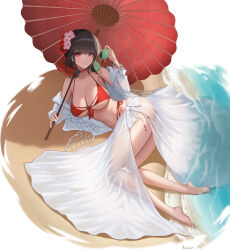  absurdres barefoot bikini breasts choker criss-cross_strings female flower goddess_of_victory:_nikke hair_flower hair_ornament highres lace-trimmed_bikini lace_trim large_breasts official_alternate_costume rakuri_(rwrn5475) red_bikini red_choker red_flower sakura_(bloom_in_summer)_(nikke) sakura_(nikke) sarong see-through_clothes see-through_sarong solo sunglasses swimsuit thighs white_sarong 