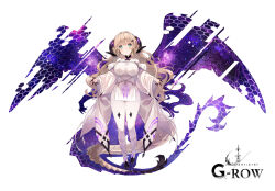  blonde_hair bow braid breasts closed_mouth commentary_request dragon_girl dragon_horns dragon_tail dress energy_wings female full_body green_eyes horns large_breasts long_hair looking_at_viewer melvilay_(dare_ga_tame_no_alchemist) official_art pelvic_curtain second-party_source simple_background smile solo standing straight-on ta_ga_tame_no_alchemist tail to_maru very_long_hair wavy_hair white_background white_dress wide_sleeves wings 